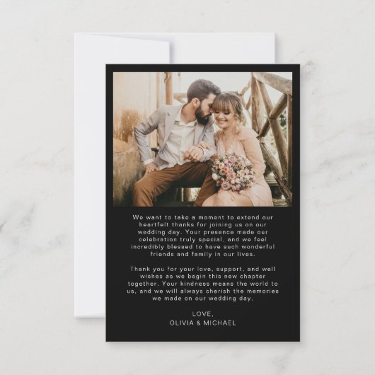Zwarte foto bruiloft Elegant Dank u kaart (Achterkant)