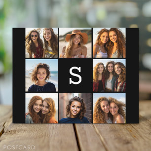 Zwarte foto collage aangepaste monogram briefkaart