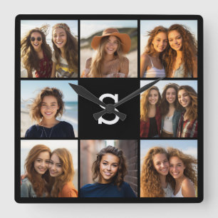 Zwarte foto collage aangepaste monogram vierkante klok