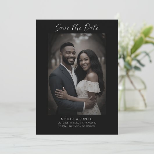 Zwarte foto-huwelijksaankondiging 'Save the Date' Save The Date (Staand voorkant)