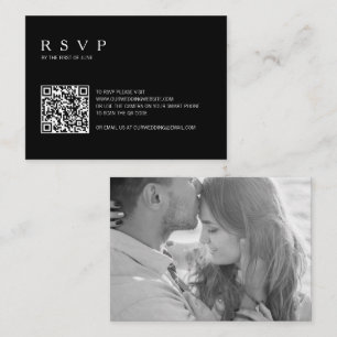 Zwarte Foto QR Code Trouwkaart Mini RSVP Notitiekaartje