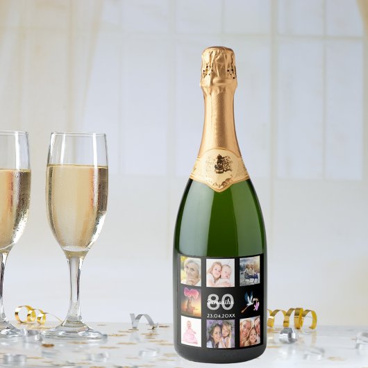 zwarte fotocollage op 80e verjaardagsfeestje sparkling wijnetiket