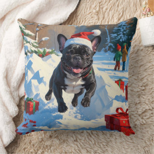 Zwarte Franse Bulldog Kerst Sneeuwlandschap Kussen