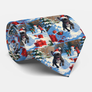 Zwarte Franse Bulldog Kerst Sneeuwscène Stropdas