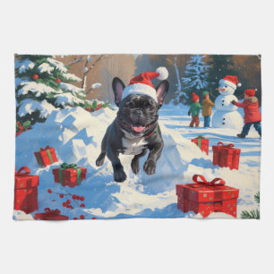 Zwarte Franse Bulldog Kerst Sneeuwscène Theedoek