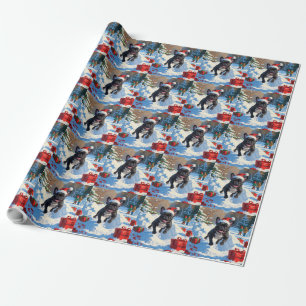 Zwarte Franse Bulldog Kerstfeest Sneeuwlandschap Cadeaupapier