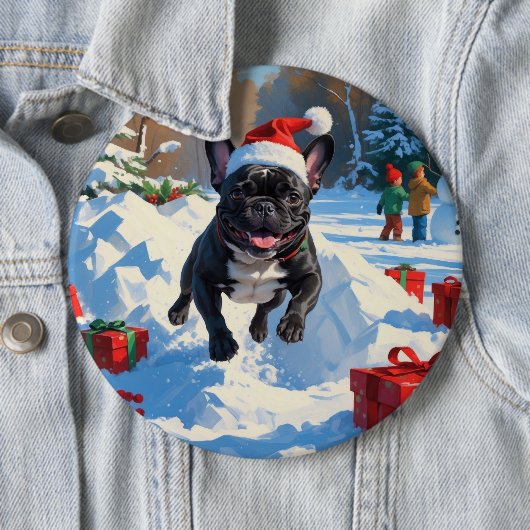 Zwarte Franse Bulldog Kerstfeest Sneeuwscène Ronde Button 6,0 Cm (In situ)
