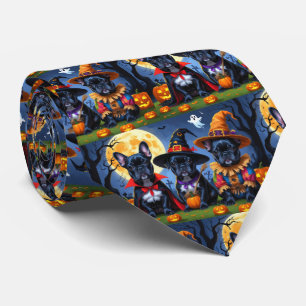 Zwarte Franse Bulldogs Pompoen Halloween Grappig Stropdas