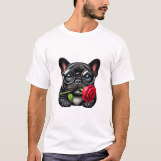 Zwarte Frenchie rode roos T-shirt