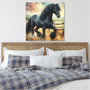 Zwarte Fresian Horse Pasture Rustic Fence Canvas Afdruk