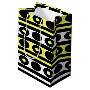 Zwarte, gele en witte pooldots en stripes medium cadeauzakje