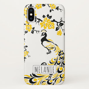 Zwarte gele pauw & kersenbloesem art nouveau iPhone x hoesje