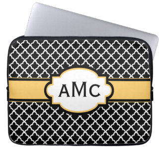 Zwarte Gele Quatrefoil Monogram laptophoes Laptop Sleeve