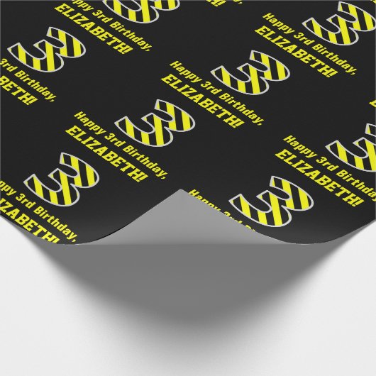 Zwarte & gele streping "3"; 3e verjaardag + naam cadeaupapier (Hoek)