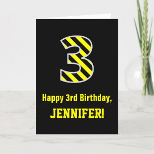 Zwarte & gele streping "3"; 3e verjaardag + naam kaart