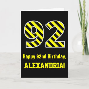 Zwarte & gele striped "92"; 92nd Birthday + Name Kaart