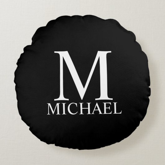 Zwarte gepersonaliseerde monogram en naam rond kussen (Voorkant)