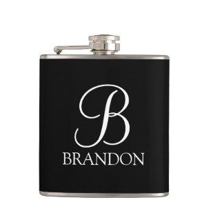 Zwarte gepersonaliseerde script monogram en naam f heupfles