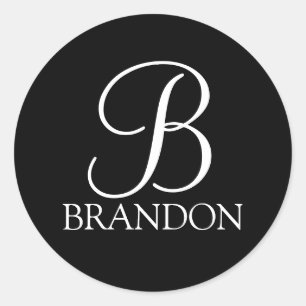Zwarte gepersonaliseerde script monogram en naam ronde sticker