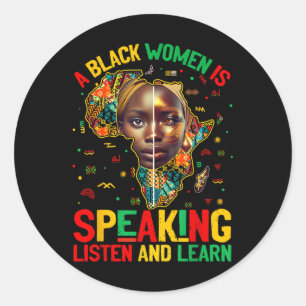 Zwarte geschiedenis Een zwarte vrouw spreekt Luist Ronde Sticker