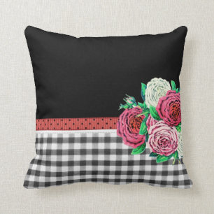 Zwarte Gingham en bloemen Kussen
