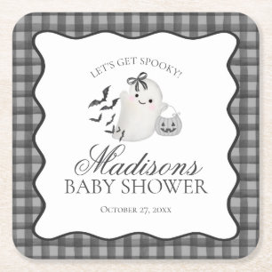 Zwarte Gingham Little Boo Geest Baby Shower Bar Vierkante Kartonnen Onderzetter