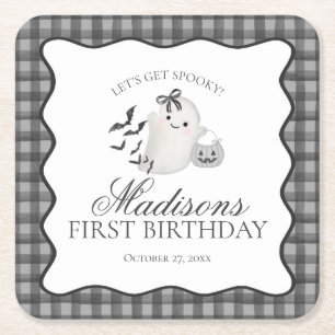 Zwarte Gingham Little Boo Ghost Verjaardagsfeest B Vierkante Kartonnen Onderzetter
