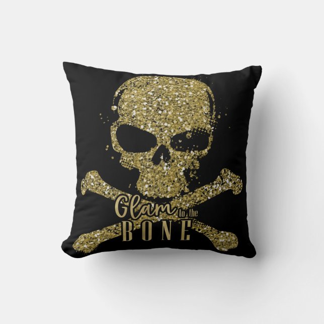 Zwarte Glam tot op het Bot Gouden Glitter Schedel Kussen (Voorkant)
