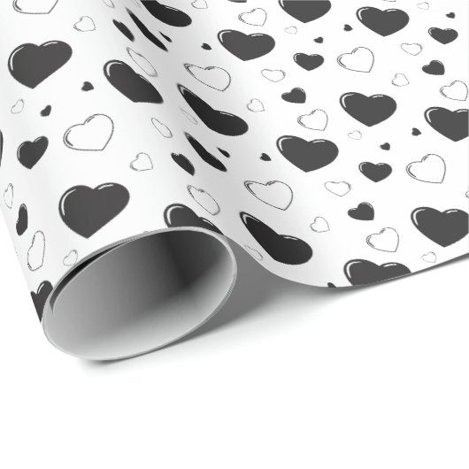 Zwarte glanzende harten schattig romantisch patroo cadeaupapier (Rol Hoek)