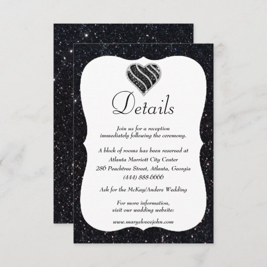 Zwarte Glitter Black en White Heart Weddenschap -  Informatiekaartje (Voorkant / Achterkant)