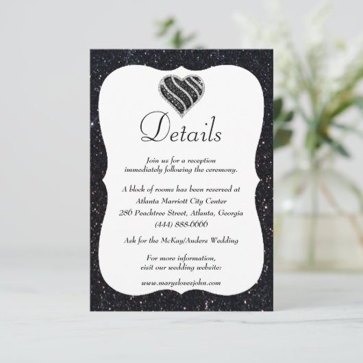 Zwarte Glitter Black en White Heart Weddenschap - Informatiekaartje (Staand voorkant)
