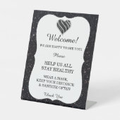 Zwarte Glitter Black & White Heart Weduwveiligheid Reclamebord Met Voetstuk (Voorkant)