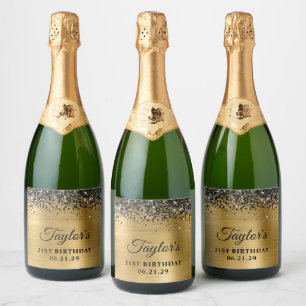 Zwarte Glitter Bovenrand Gouden Folie 21e Verjaard Sparkling Wijnetiket
