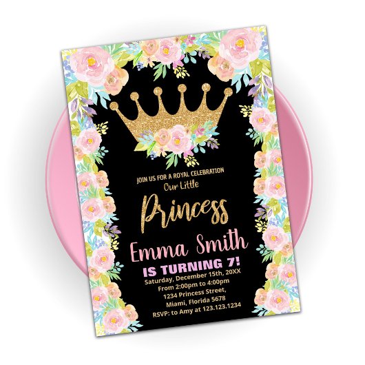 Zwarte Glitter Crown Princess Birthday-uitnodiging Kaart