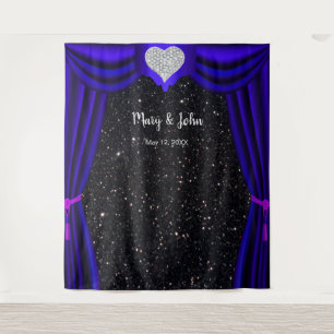 Zwarte Glitter Diamond Heart Blue Curtain-achtergr Wandkleed