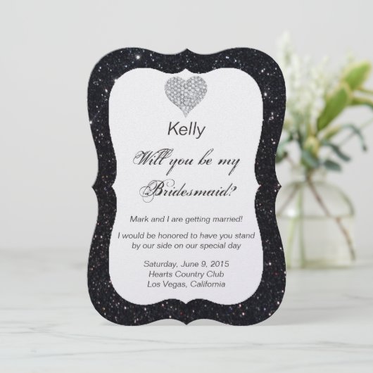 Zwarte Glitter Diamond Heart Bridesmaid-Kaart Kaart (Staand voorkant)