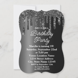 ZWARTE GLITTER DRIP ELEGANT BIRTHDAY INVITATION KAART