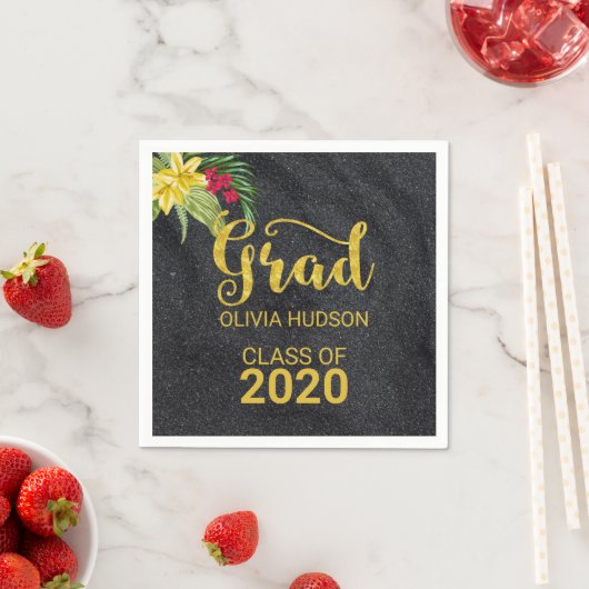 Zwarte glitter en hibiscus servet (Insitu)