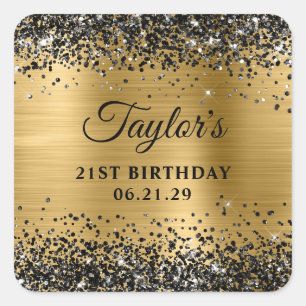 Zwarte Glitter Gouden Folie 21e Verjaardag Vierkante Sticker