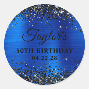 Zwarte Glitter Koningsblauwe Folie 50e Verjaardag Ronde Sticker