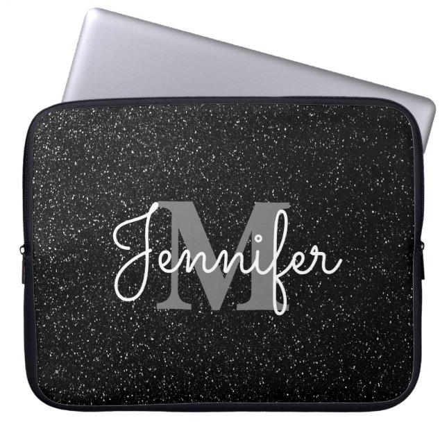 Zwarte glitter laptop sleeve (Voorkant)