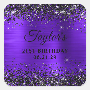 Zwarte Glitter Paarse Folie 21e Verjaardag Vierkante Sticker