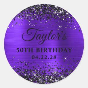 Zwarte Glitter Paarse Folie 50e Verjaardag Ronde Sticker