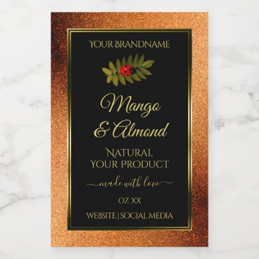 Zwarte Glitter-productlabels koper met Ladybug Voedselcontainer Etiket (Enkel label)