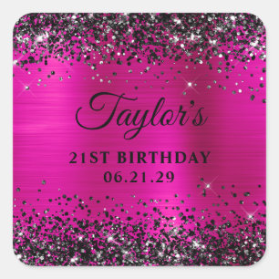Zwarte Glitter Roze Folie 21e Verjaardag Vierkante Sticker
