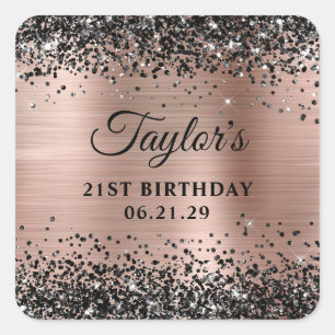 Zwarte Glitter Roze Gouden Folie 21e Verjaardag Vierkante Sticker