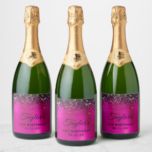 Zwarte Glitter Top Roze Folie 21e Verjaardag Sparkling Wijnetiket