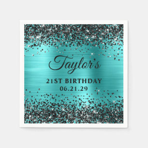 Zwarte Glitter Turquoise Blauwe Folie 21e Verjaard Servet