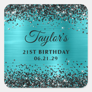 Zwarte Glitter Turquoise Blauwe Folie 21e Verjaard Vierkante Sticker