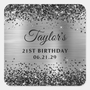 Zwarte Glitter Zilver Folie 21e Verjaardag Vierkante Sticker